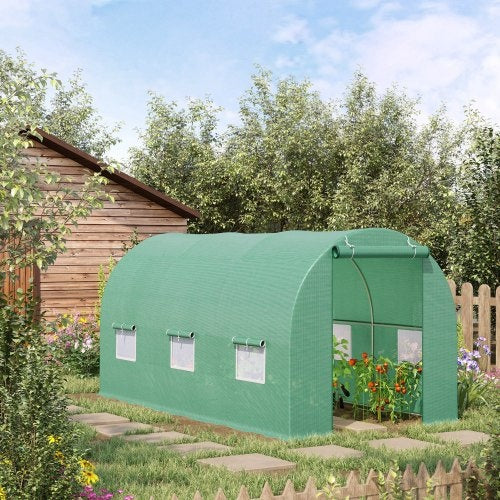 KFX-9239485 Walk-in Tunnel Greenhouse 15' x 6' x 7' with Roll-Up Door and Ventilation Windows, Green