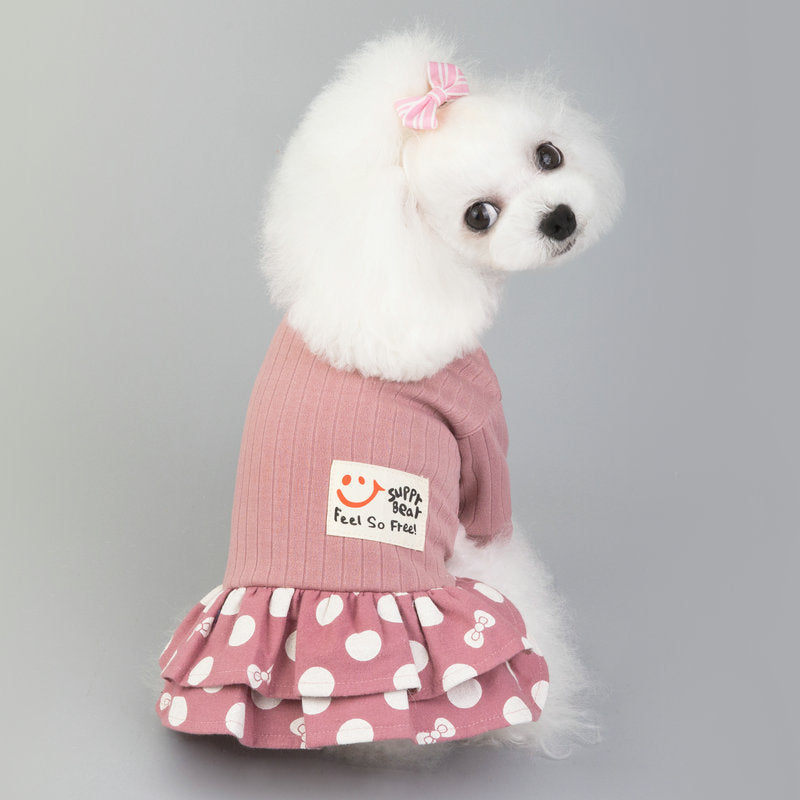 KFX-9242173 Cute Smiley Polka Dot Cotton Pet Dress for Female Dogs in Blue and Pink