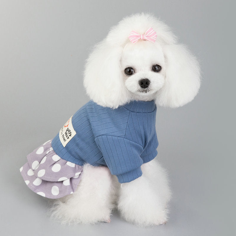 KFX-9242173 Cute Smiley Polka Dot Cotton Pet Dress for Female Dogs in Blue and Pink