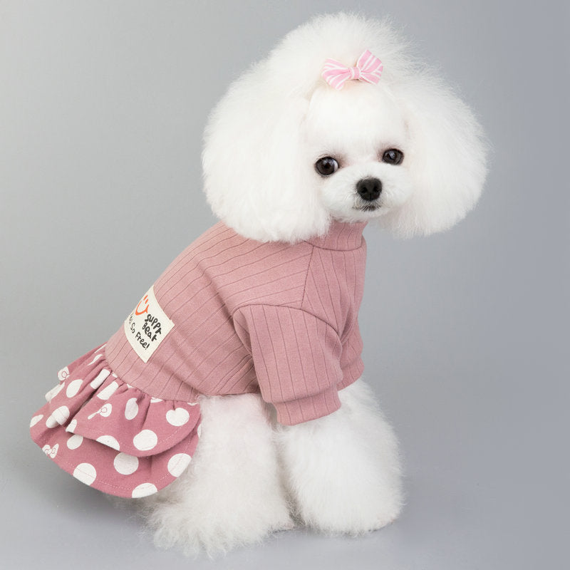KFX-9242173 Cute Smiley Polka Dot Cotton Pet Dress for Female Dogs in Blue and Pink