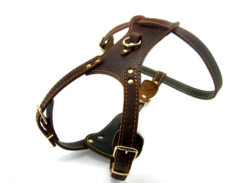 KFX-9243581 Thickened Cowhide Double Layer Chest and Back Harness for Medium to Large Dogs
