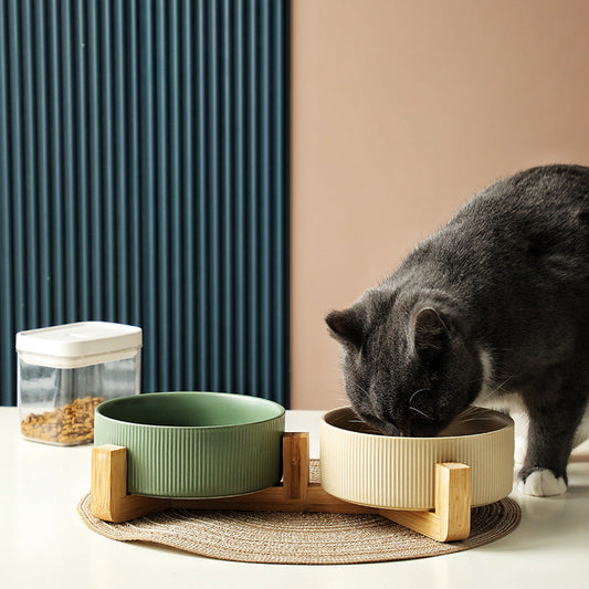 KFX-9247421 Ceramic Anti-Tumble Pet Bowl with Wooden Frame - Multiple Colors Available