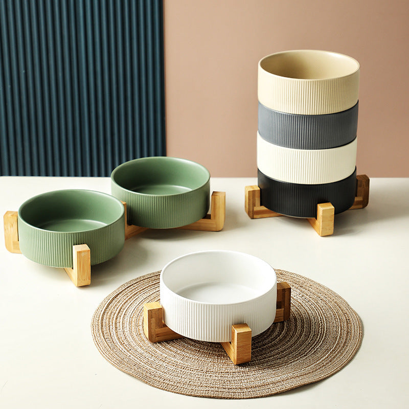 KFX-9247421 Ceramic Anti-Tumble Pet Bowl with Wooden Frame - Multiple Colors Available