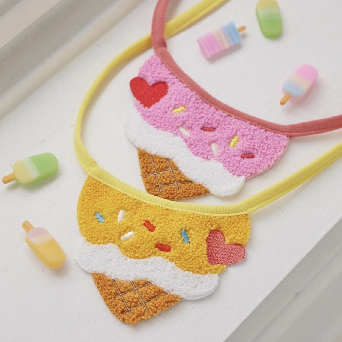 KFX-9248957 Cute Cartoon Ice Cream Pet Bib - Saliva Towel for Dogs and Cats, Adjustable 80cm Length, Pink & Yellow Colors