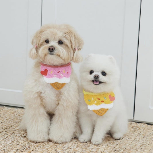KFX-9248957 Cute Cartoon Ice Cream Pet Bib - Saliva Towel for Dogs and Cats, Adjustable 80cm Length, Pink & Yellow Colors