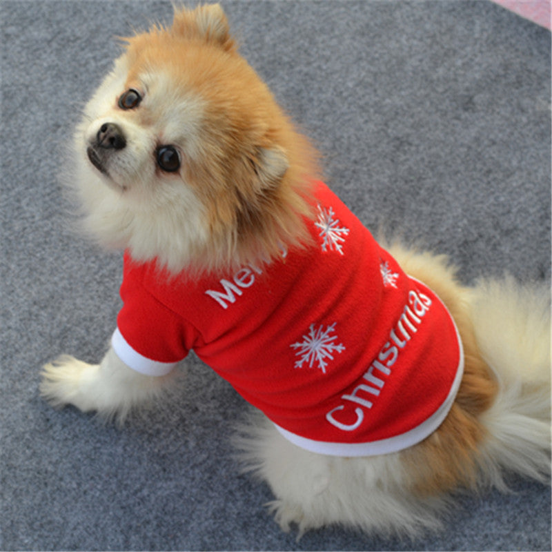 KFX-9251901 Cozy Fleece Christmas T-Shirt for Puppies - Red with White Snowflakes, Sizes XS to L