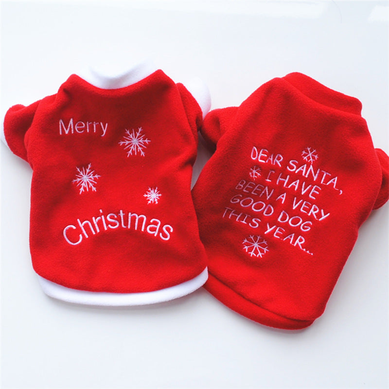 KFX-9251901 Cozy Fleece Christmas T-Shirt for Puppies - Red with White Snowflakes, Sizes XS to L