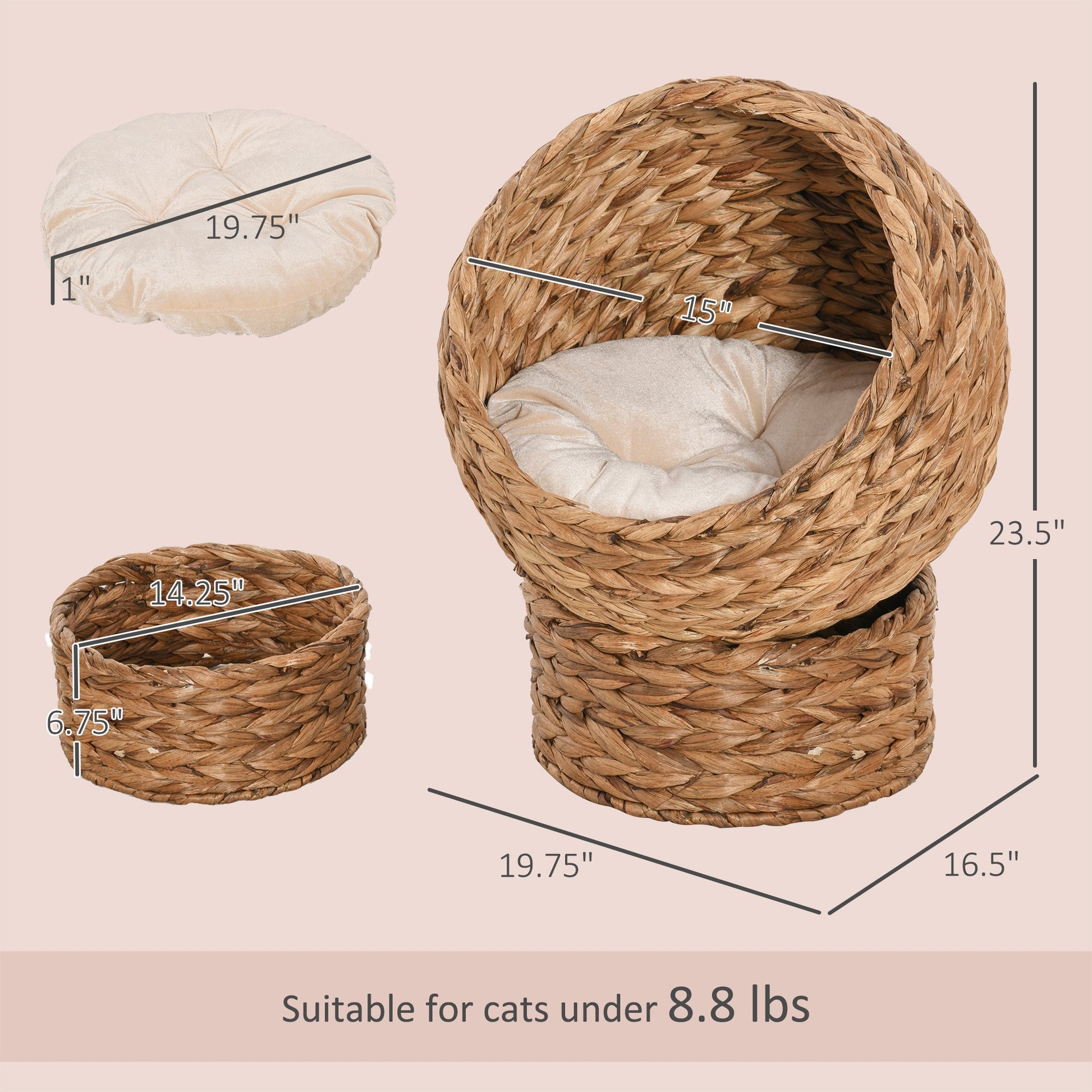 KFX-9261501 Elevated Handwoven Cat Bed with Soft Cushion and Rotating Basket Design