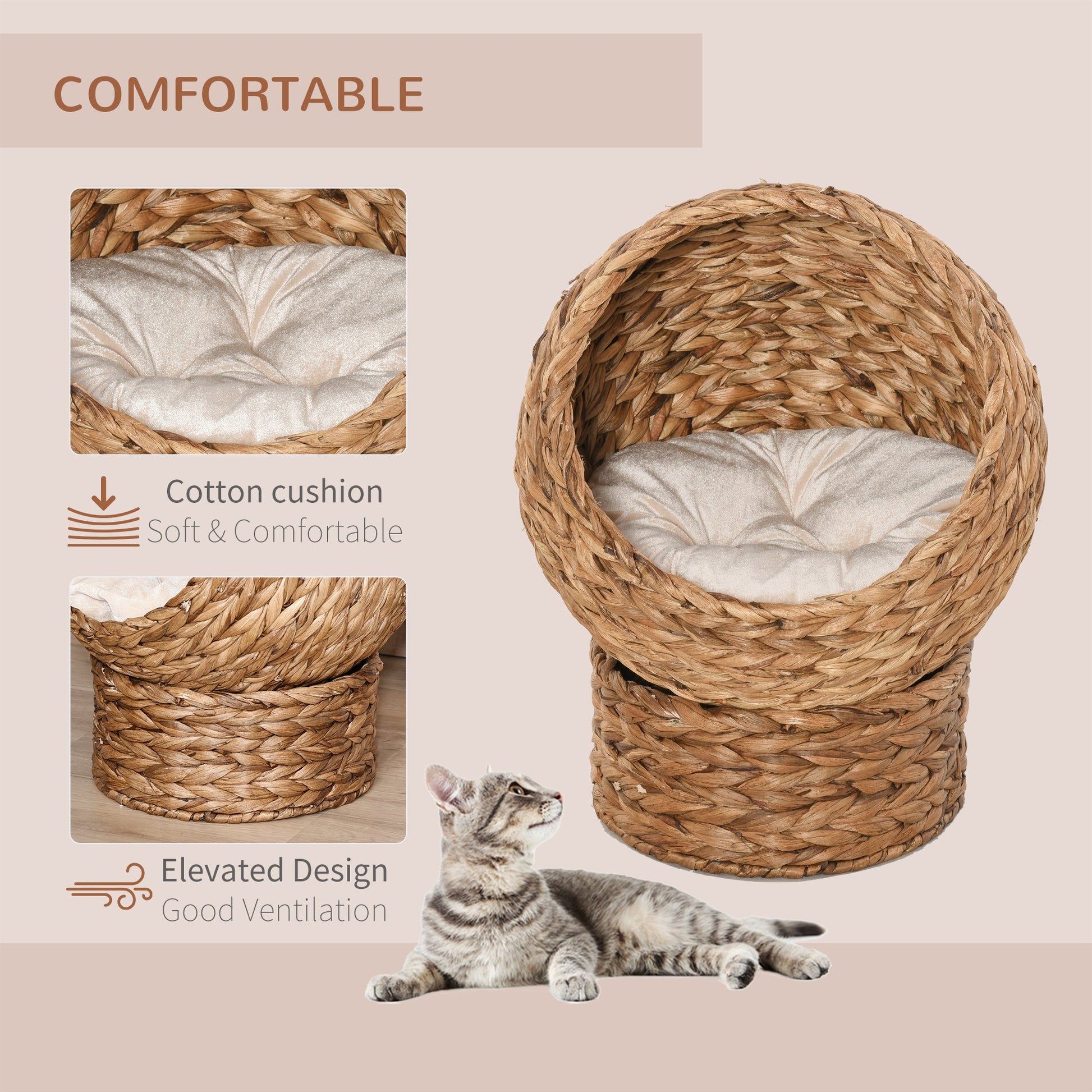 KFX-9261501 Elevated Handwoven Cat Bed with Soft Cushion and Rotating Basket Design