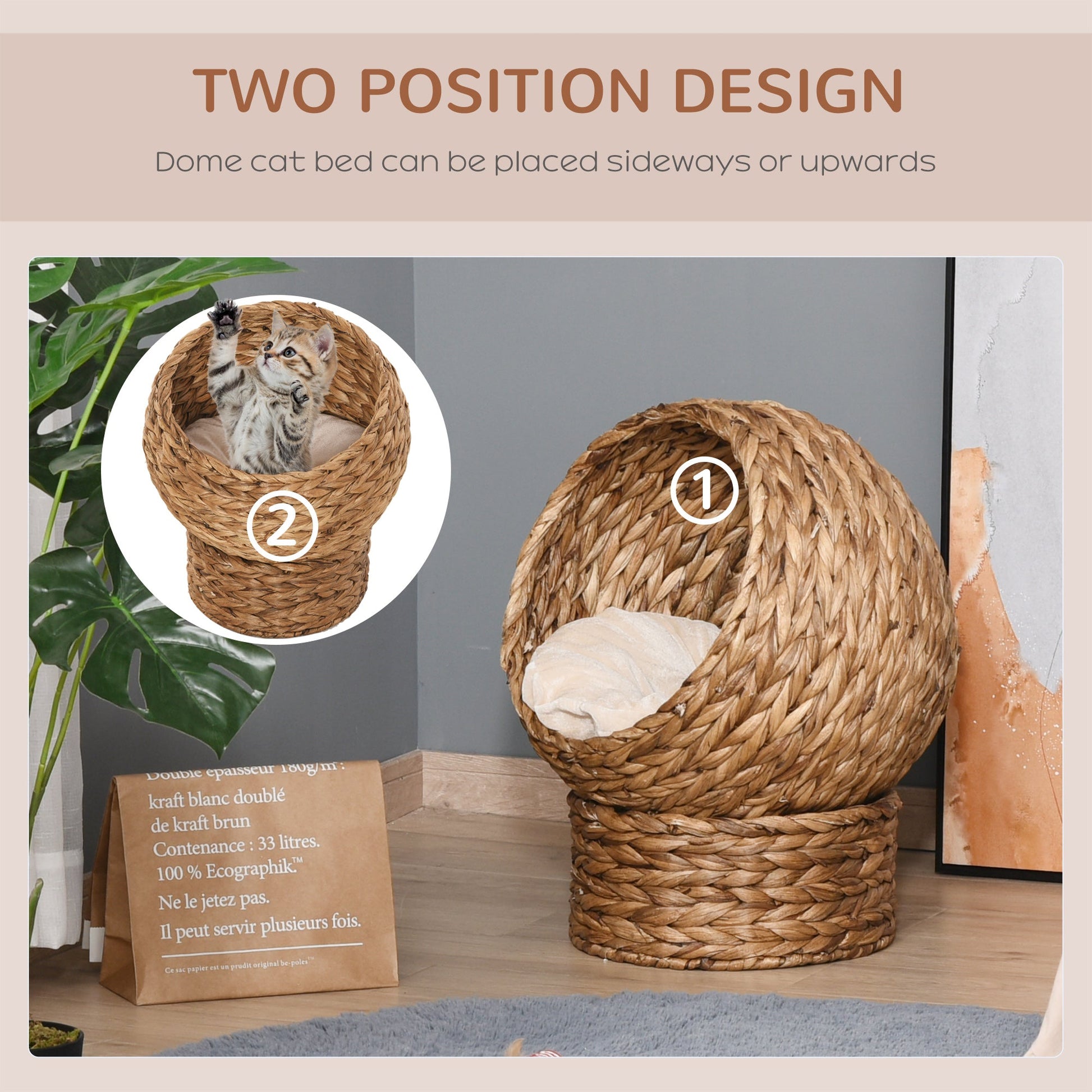 KFX-9261501 Elevated Handwoven Cat Bed with Soft Cushion and Rotating Basket Design