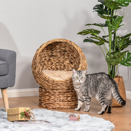 KFX-9261501 Elevated Handwoven Cat Bed with Soft Cushion and Rotating Basket Design