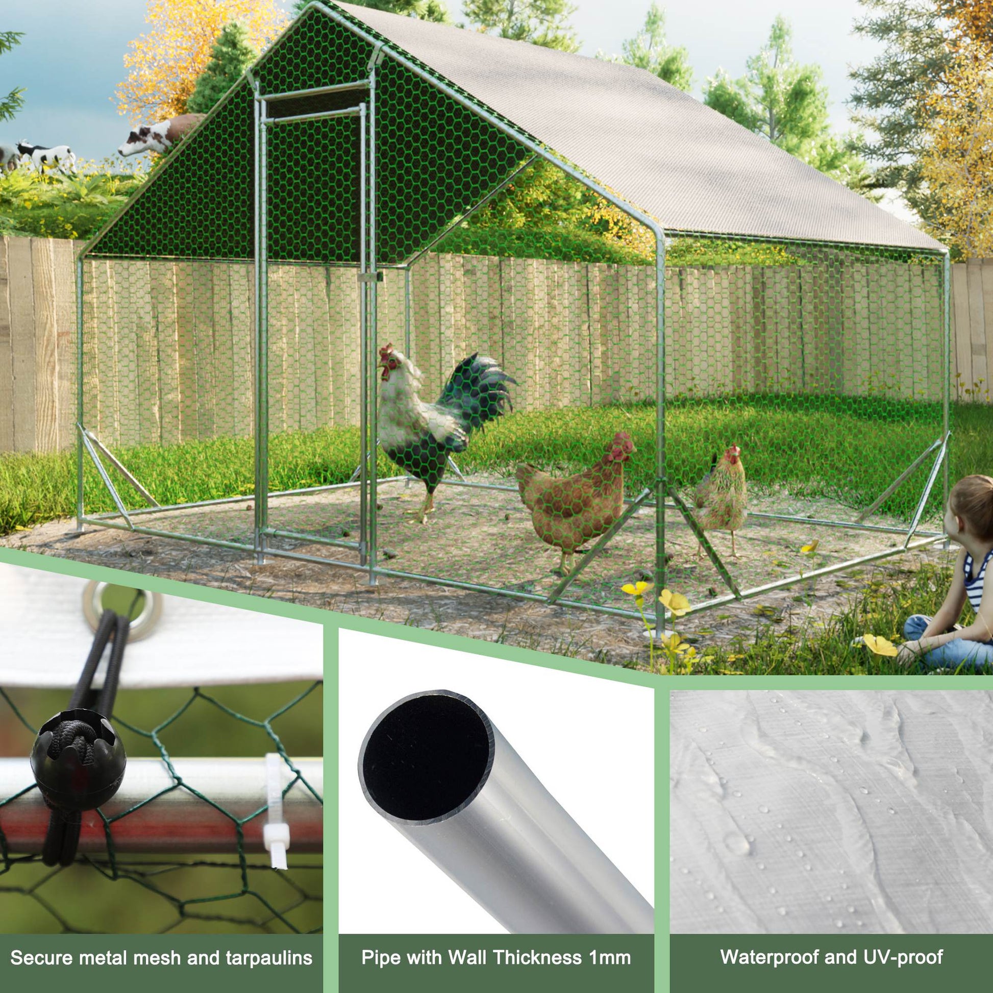 KFX-9266493 Large Walk-In Chicken Coop with Galvanized Wire and Waterproof Cover for Poultry and Small Animals