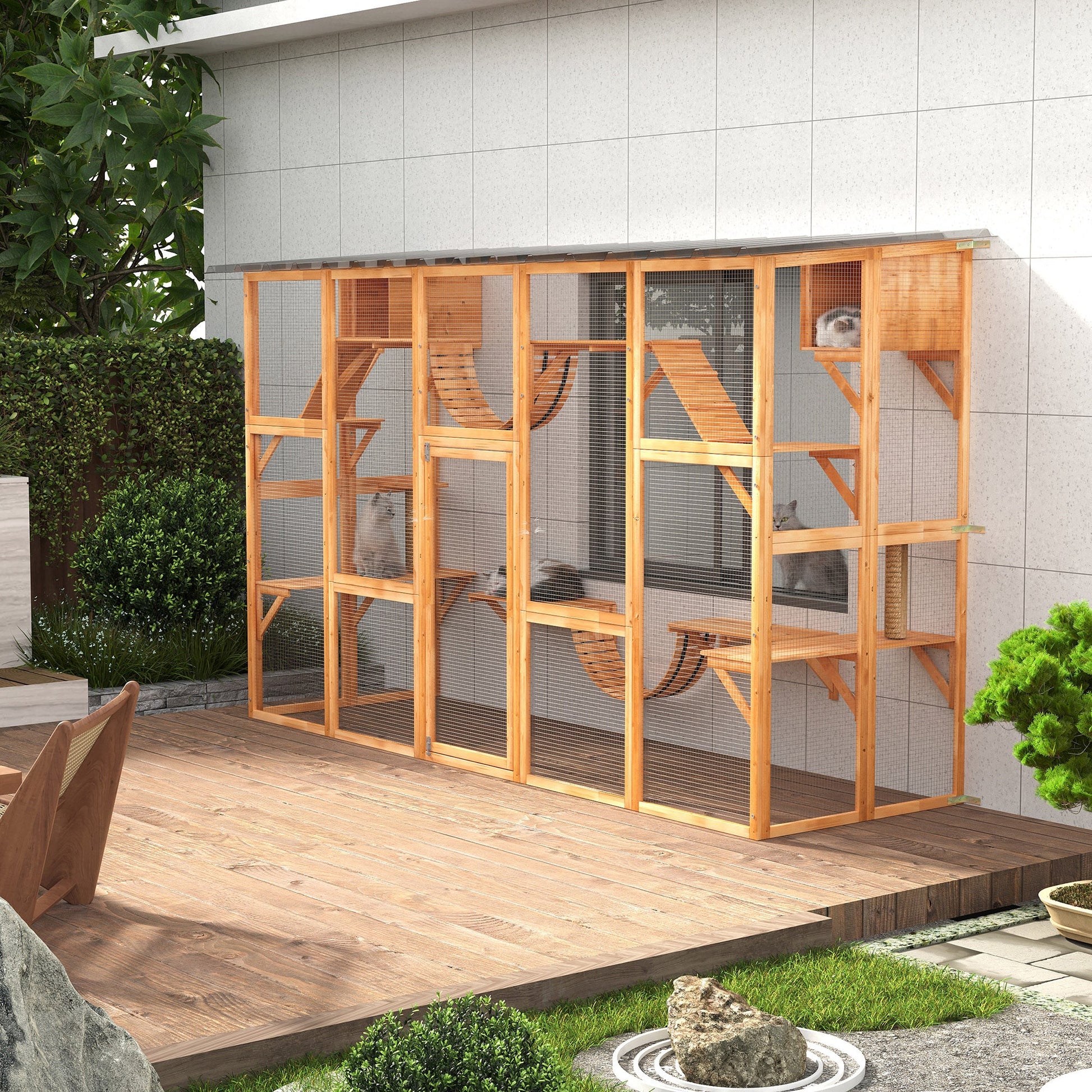 KFX-9266877 Large Orange Catio with Multiple Shelves, Bridges, Ramps, and Cat Boxes for Outdoor Use