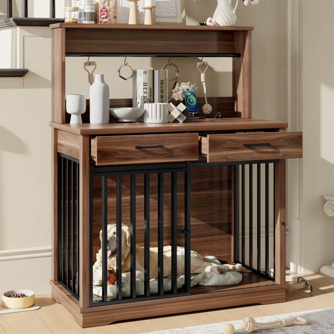 KFX-9270205 Heavy Duty 38" Dog Crate Furniture with Storage Drawers and Sliding Door, Indoor Table for Medium Dogs, Brown