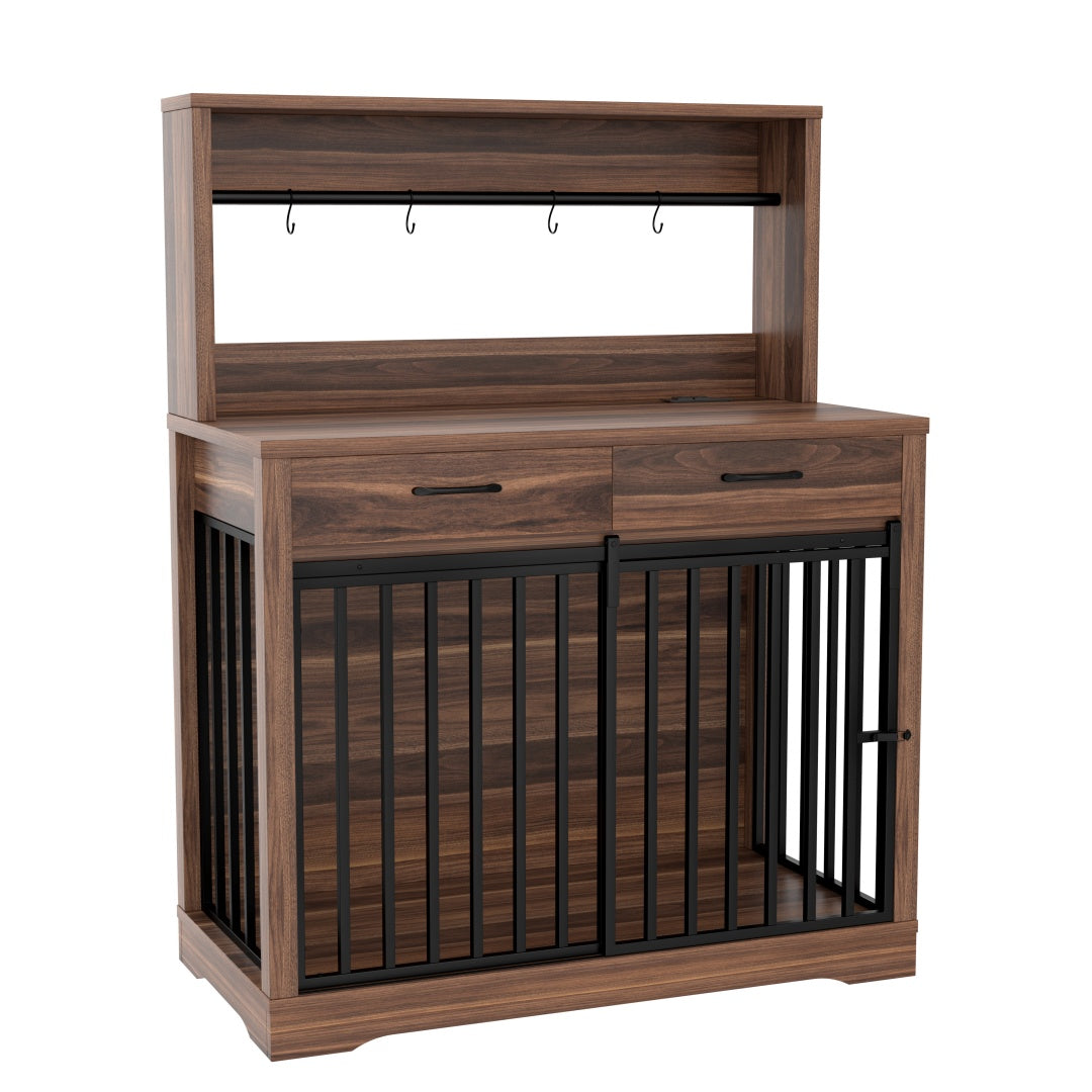 KFX-9270205 Heavy Duty 38" Dog Crate Furniture with Storage Drawers and Sliding Door, Indoor Table for Medium Dogs, Brown