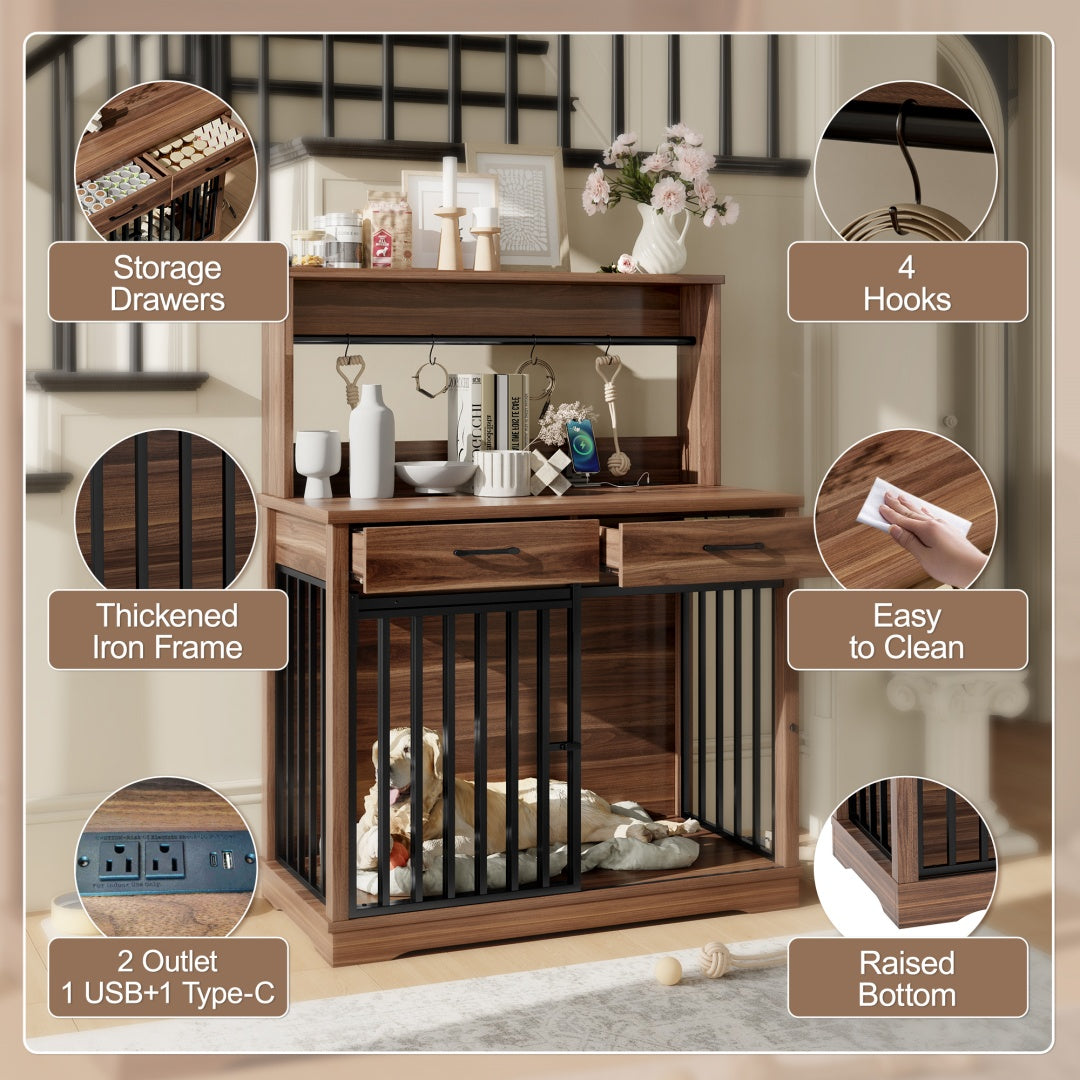 KFX-9270205 Heavy Duty 38" Dog Crate Furniture with Storage Drawers and Sliding Door, Indoor Table for Medium Dogs, Brown