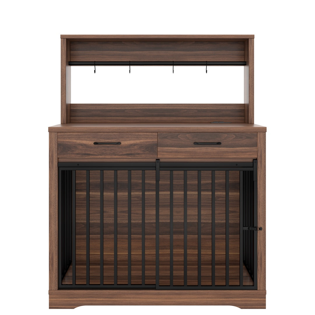 KFX-9270205 Heavy Duty 38" Dog Crate Furniture with Storage Drawers and Sliding Door, Indoor Table for Medium Dogs, Brown
