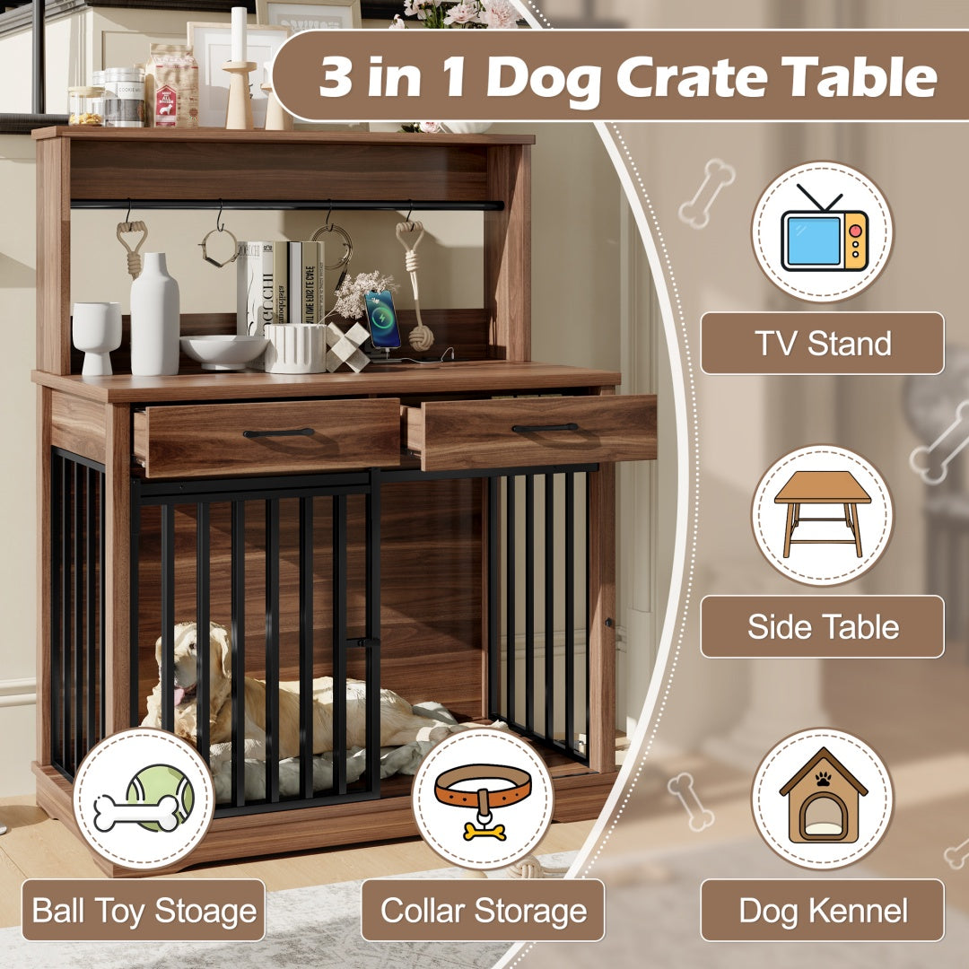 KFX-9270205 Heavy Duty 38" Dog Crate Furniture with Storage Drawers and Sliding Door, Indoor Table for Medium Dogs, Brown