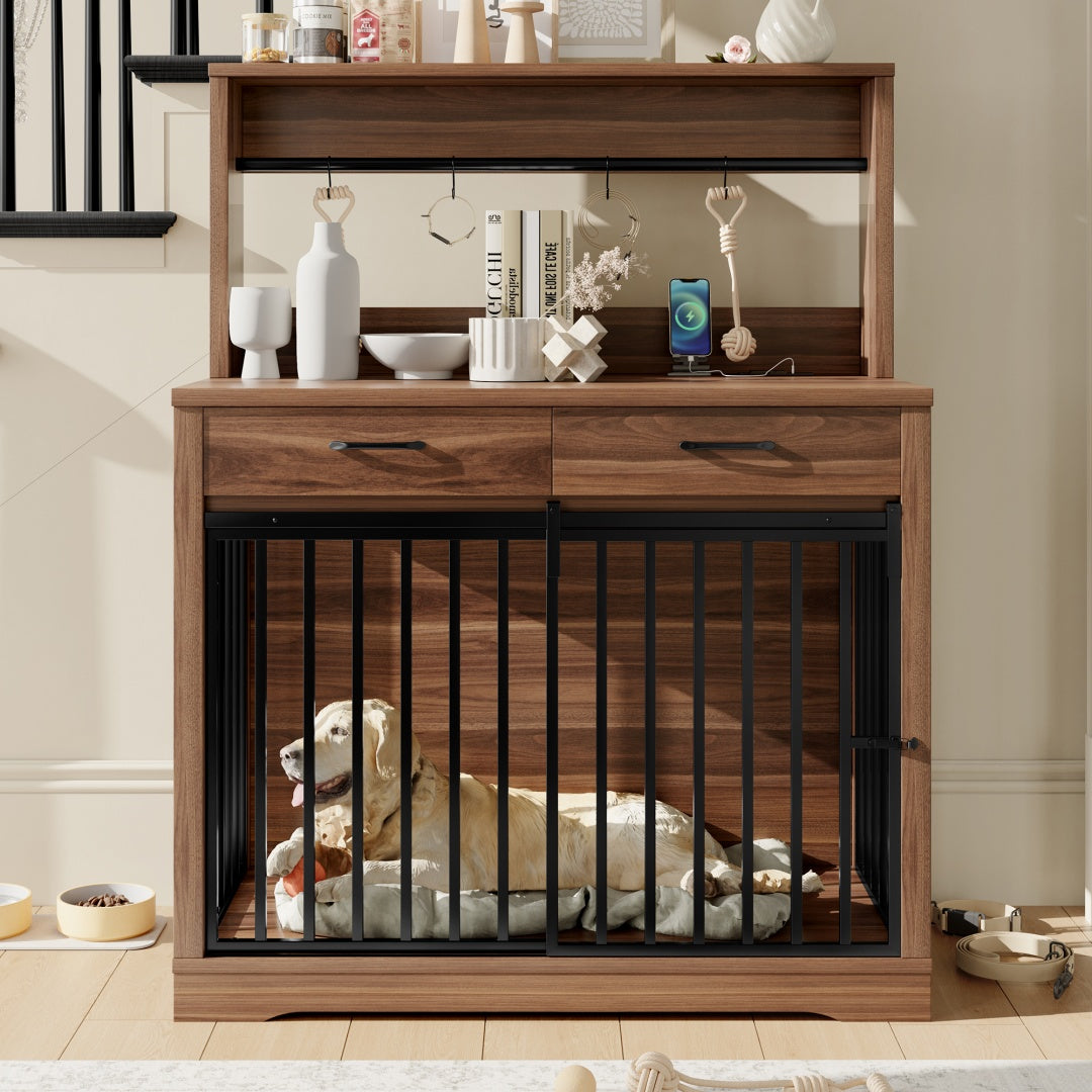 KFX-9270205 Heavy Duty 38" Dog Crate Furniture with Storage Drawers and Sliding Door, Indoor Table for Medium Dogs, Brown