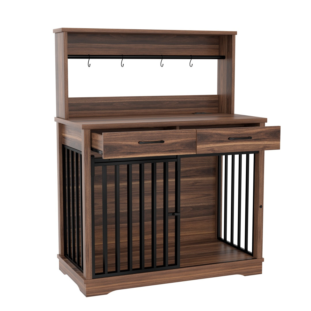 KFX-9270205 Heavy Duty 38" Dog Crate Furniture with Storage Drawers and Sliding Door, Indoor Table for Medium Dogs, Brown