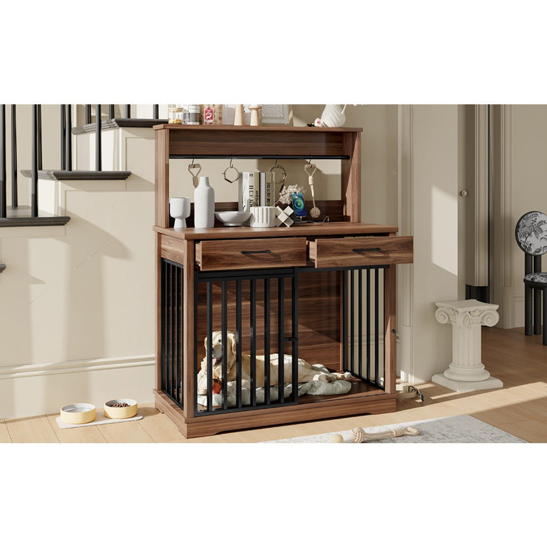 KFX-9270205 Heavy Duty 38" Dog Crate Furniture with Storage Drawers and Sliding Door, Indoor Table for Medium Dogs, Brown