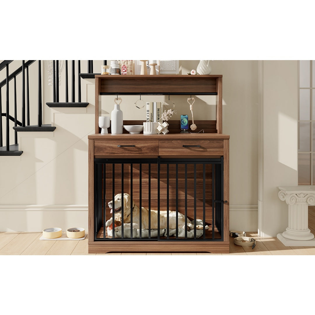 KFX-9270205 Heavy Duty 38" Dog Crate Furniture with Storage Drawers and Sliding Door, Indoor Table for Medium Dogs, Brown