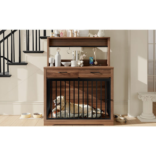 KFX-9270205 Heavy Duty 38" Dog Crate Furniture with Storage Drawers and Sliding Door, Indoor Table for Medium Dogs, Brown
