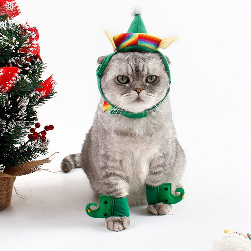 KFX-9272765 Festive Dog Christmas Hat Set with Adjustable Collar and Foot Covers - Green Cartoon Design