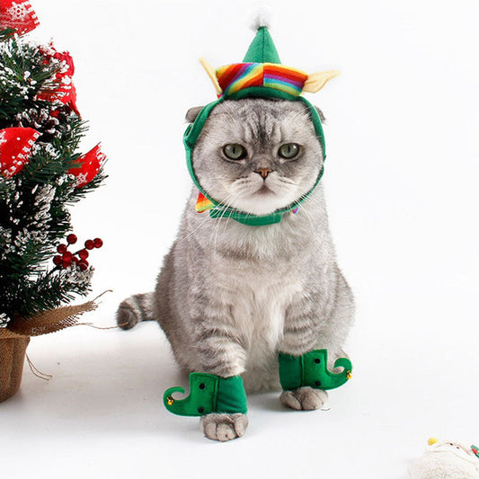 KFX-9272765 Festive Dog Christmas Hat Set with Adjustable Collar and Foot Covers - Green Cartoon Design