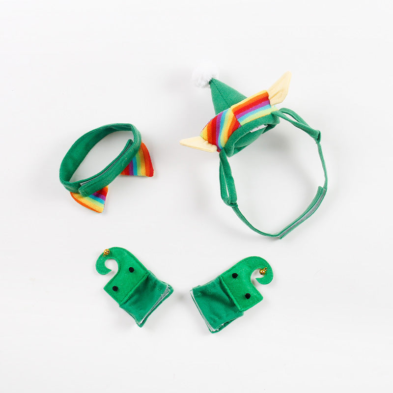 KFX-9272765 Festive Dog Christmas Hat Set with Adjustable Collar and Foot Covers - Green Cartoon Design