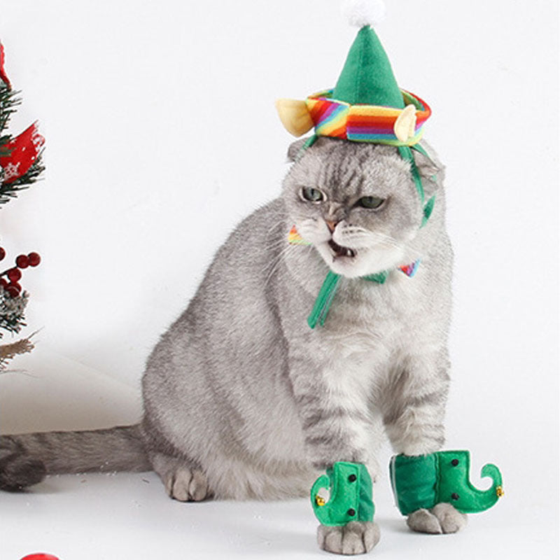 KFX-9272765 Festive Dog Christmas Hat Set with Adjustable Collar and Foot Covers - Green Cartoon Design
