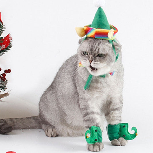 KFX-9272765 Festive Dog Christmas Hat Set with Adjustable Collar and Foot Covers - Green Cartoon Design