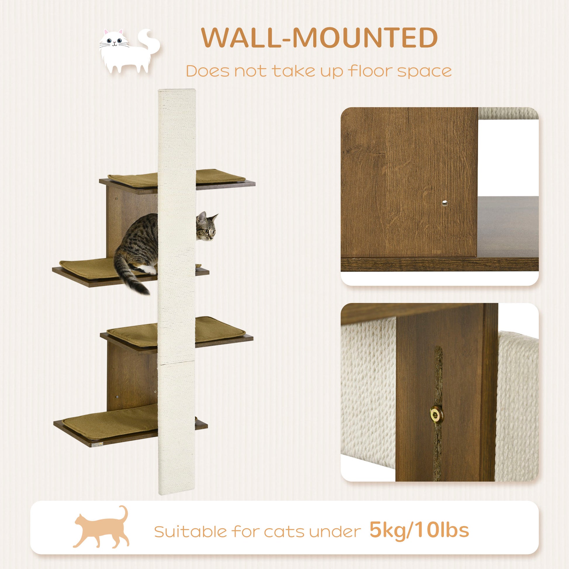 KFX-9277629 4-Layer Wall-Mounted Cat Tree with Cushions and Scratching Board, Natural Beige Cat Activity Center