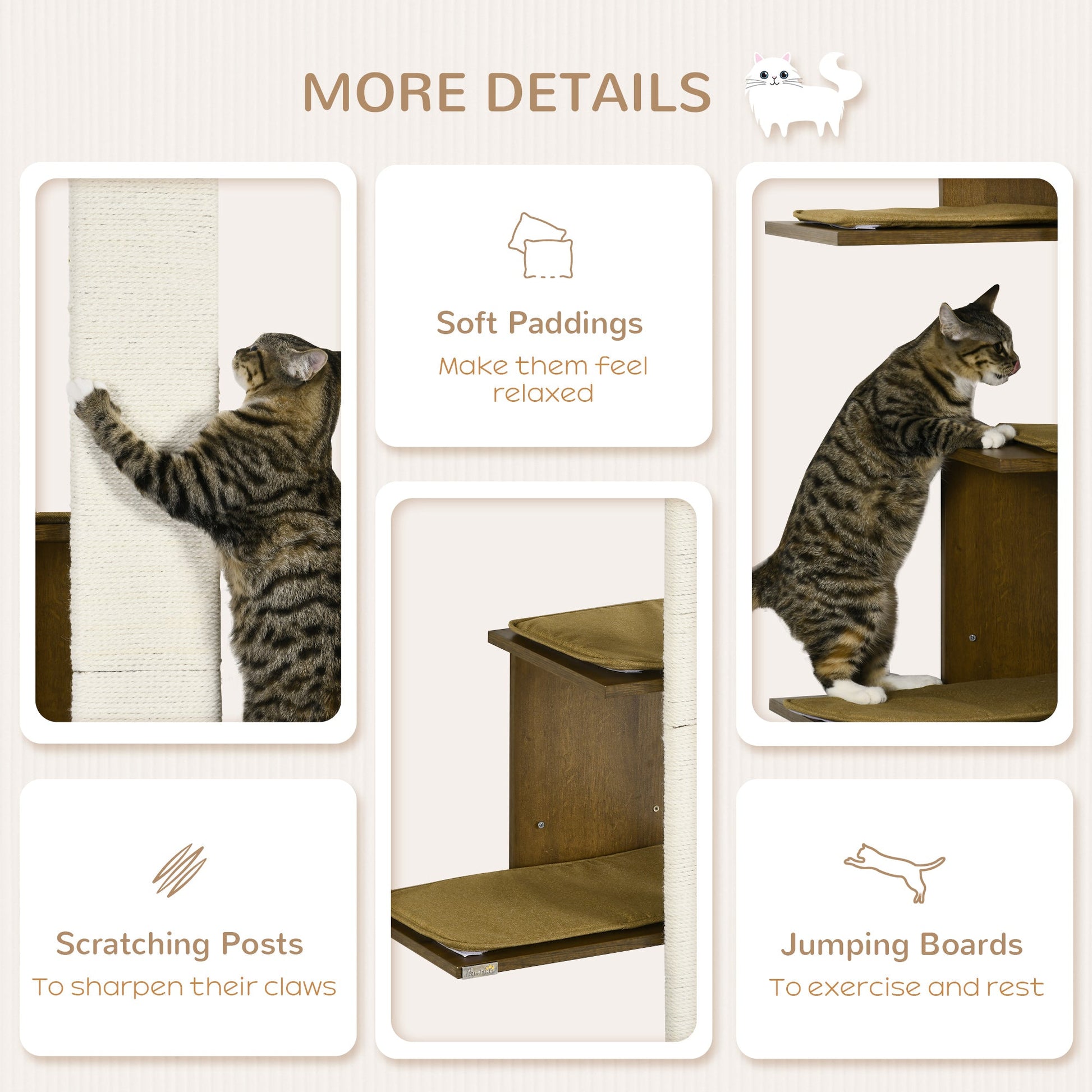 KFX-9277629 4-Layer Wall-Mounted Cat Tree with Cushions and Scratching Board, Natural Beige Cat Activity Center