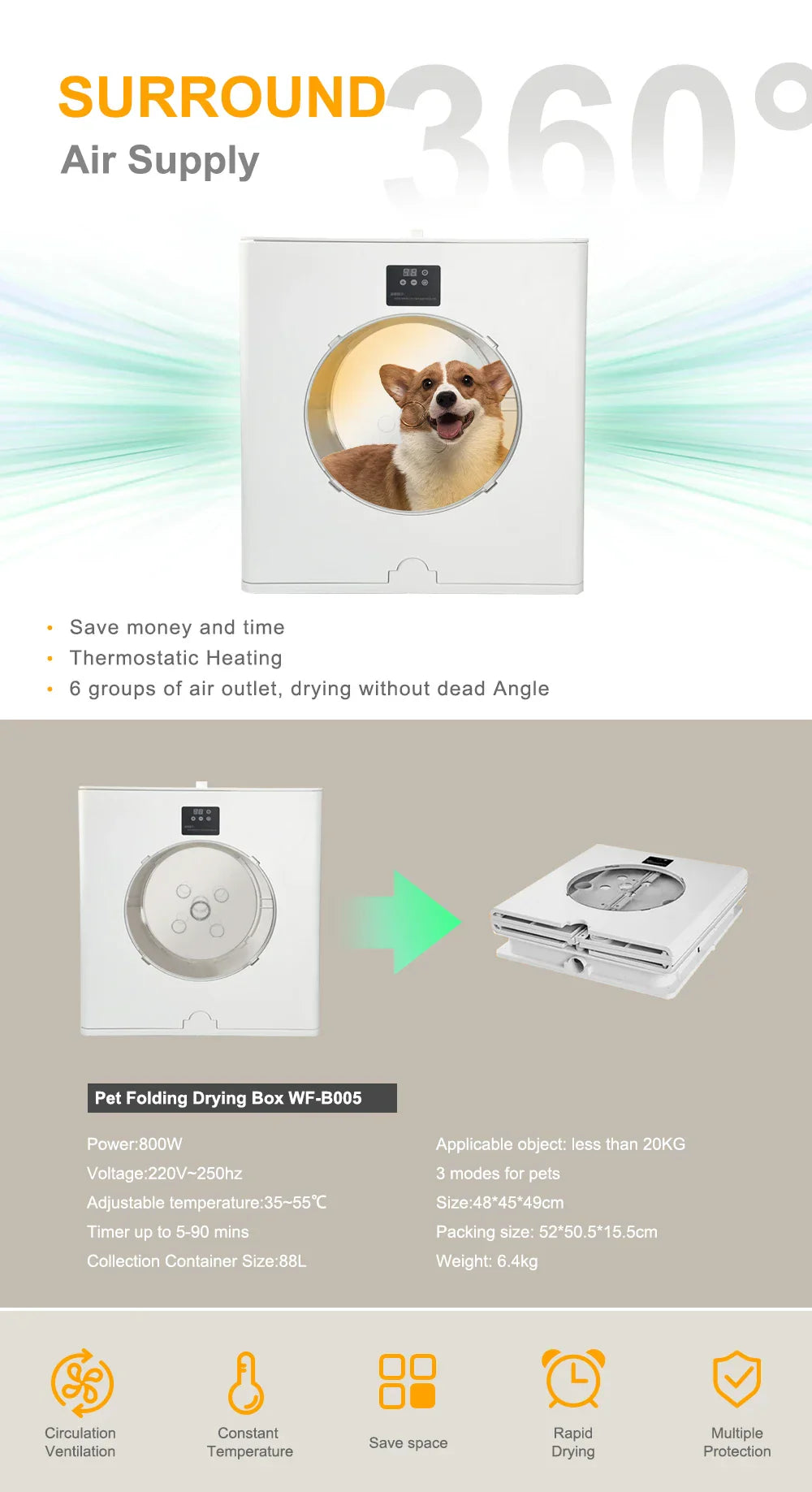 KFX-927763 Foldable 360 Airflow Pet Dryer Box for Cats and Dogs, Eco-Friendly Grooming Solution