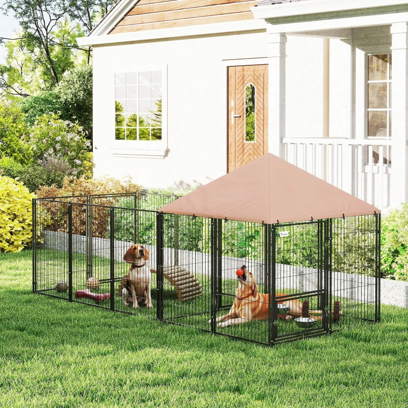 KFX-9278013 Spacious Outdoor Dog Kennel with Adjustable Height Rotating Bowls and Waterproof Canopy