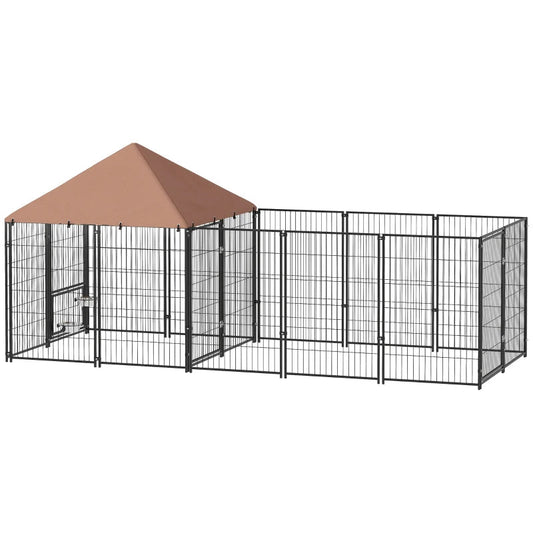 KFX-9278013 Spacious Outdoor Dog Kennel with Adjustable Height Rotating Bowls and Waterproof Canopy