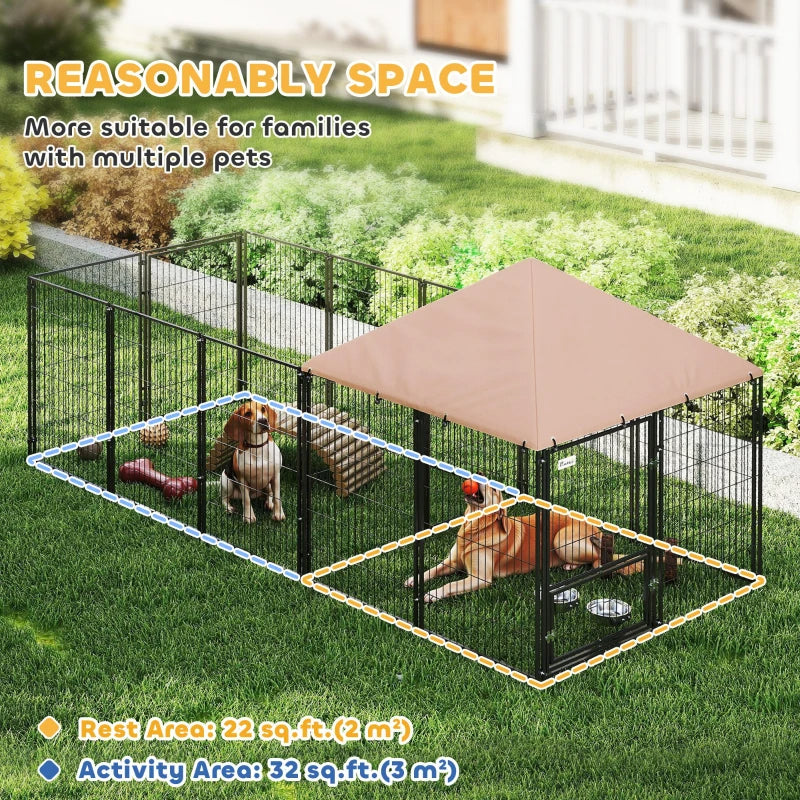 KFX-9278013 Spacious Outdoor Dog Kennel with Adjustable Height Rotating Bowls and Waterproof Canopy