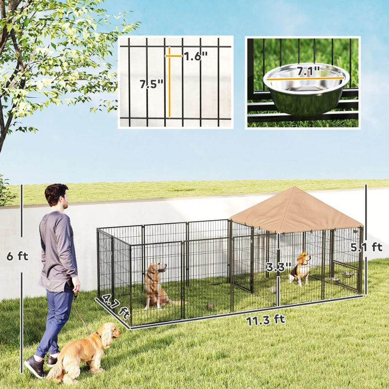 KFX-9278013 Spacious Outdoor Dog Kennel with Adjustable Height Rotating Bowls and Waterproof Canopy