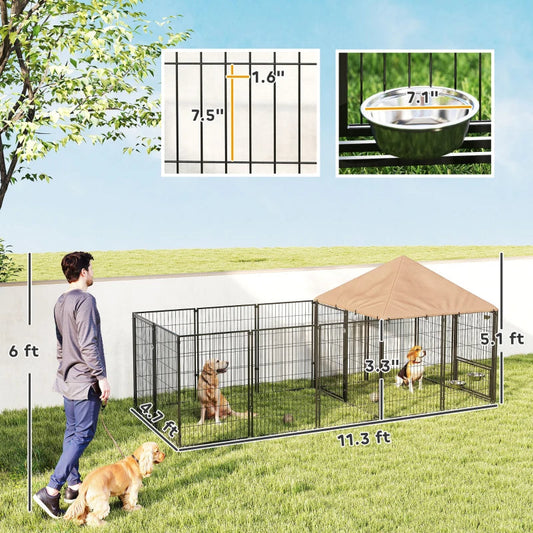 KFX-9278013 Spacious Outdoor Dog Kennel with Adjustable Height Rotating Bowls and Waterproof Canopy
