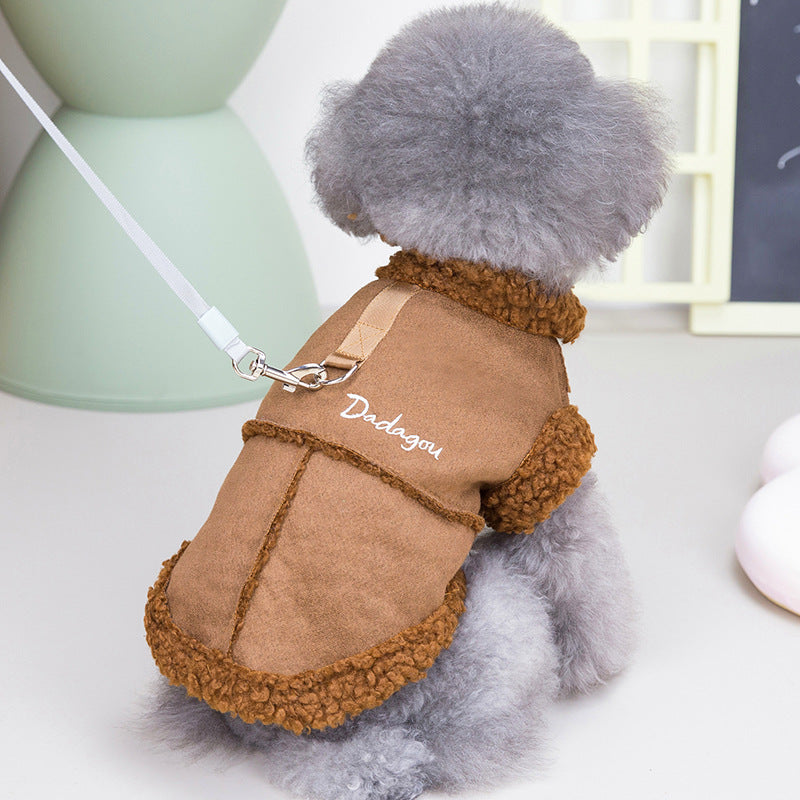 KFX-9278781 Padded Dog and Cat Vest Coat in Peach Skin Velvet for Autumn and Winter, Available in Gray and Brown