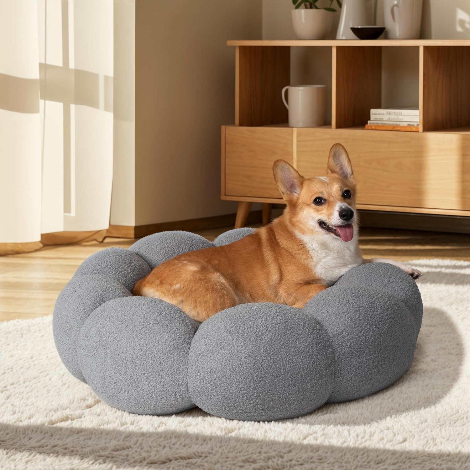 KFX-9281597 Fluffy Flower Design Calming Pet Bed for Indoor Cats and Dogs | Non-Slip, Machine Washable, Eco-Friendly