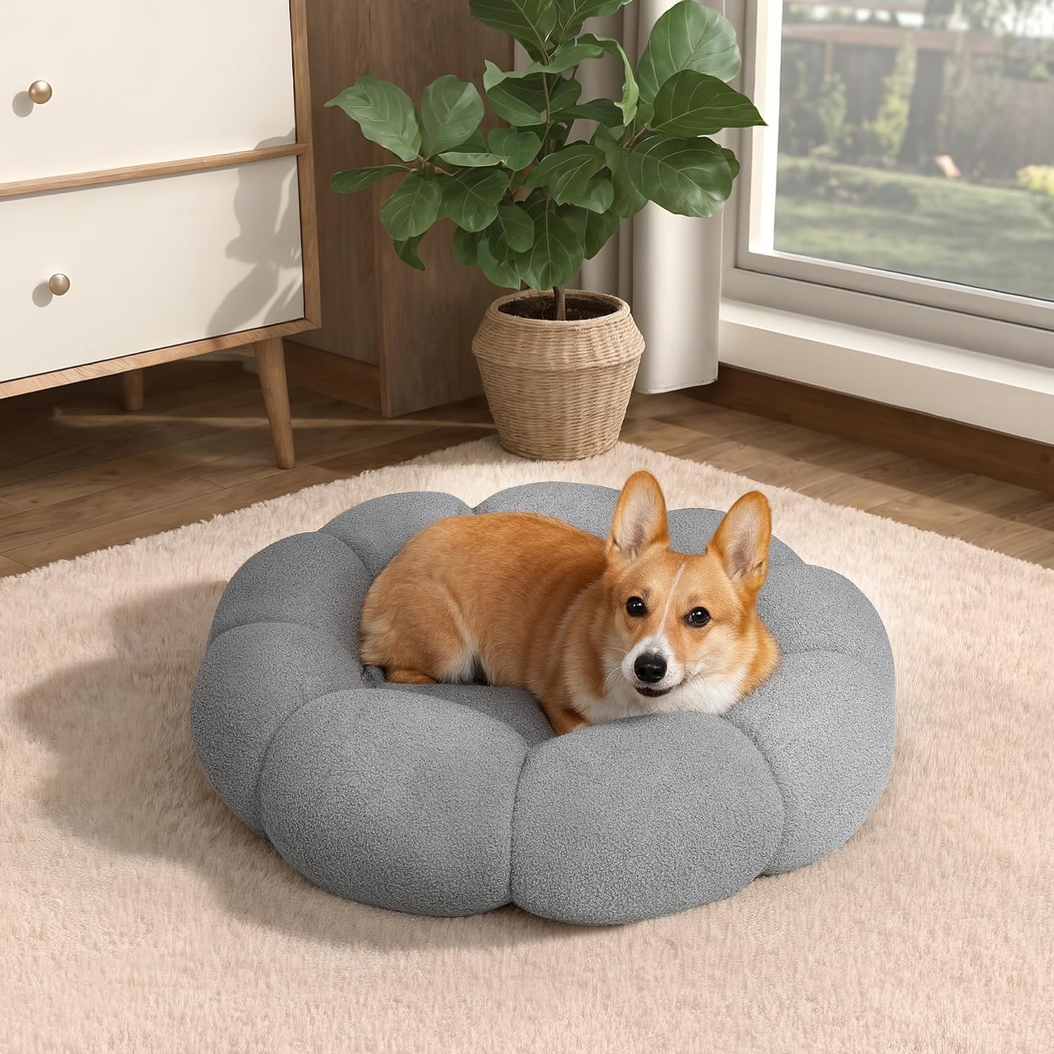 KFX-9281597 Fluffy Flower Design Calming Pet Bed for Indoor Cats and Dogs | Non-Slip, Machine Washable, Eco-Friendly