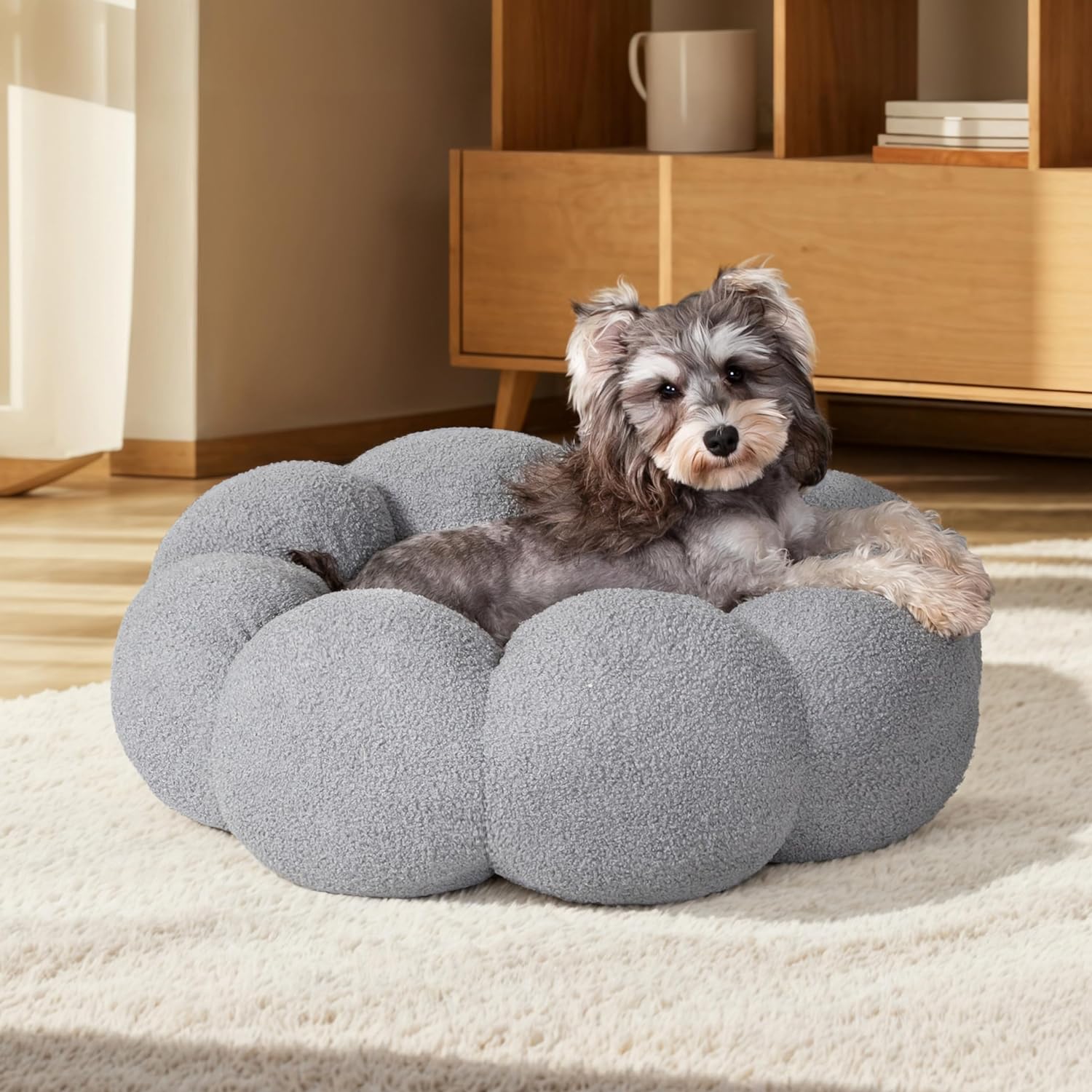 KFX-9281597 Fluffy Flower Design Calming Pet Bed for Indoor Cats and Dogs | Non-Slip, Machine Washable, Eco-Friendly