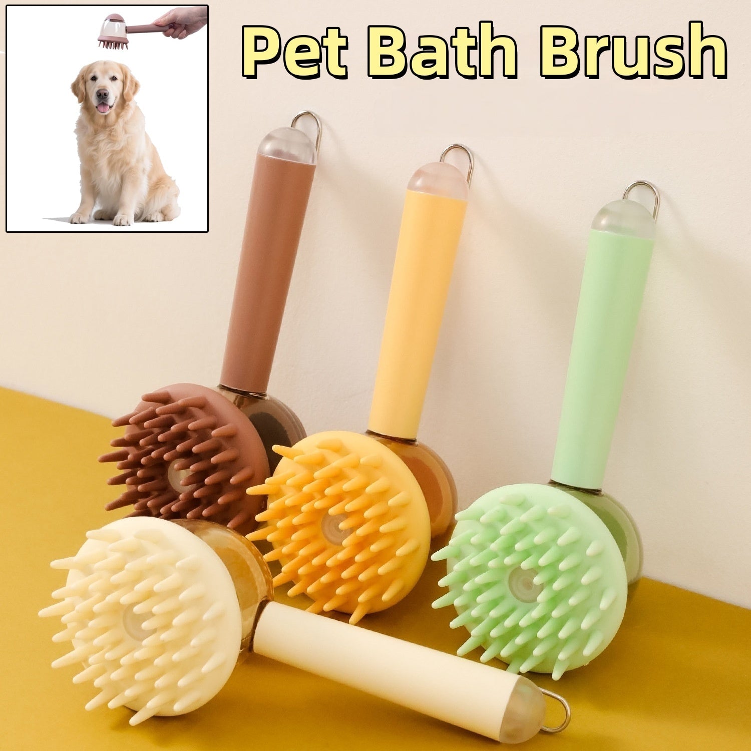 KFX-9281981 3-in-1 Bath Brush for Pets with Silicone Massage and De-fluffing Features