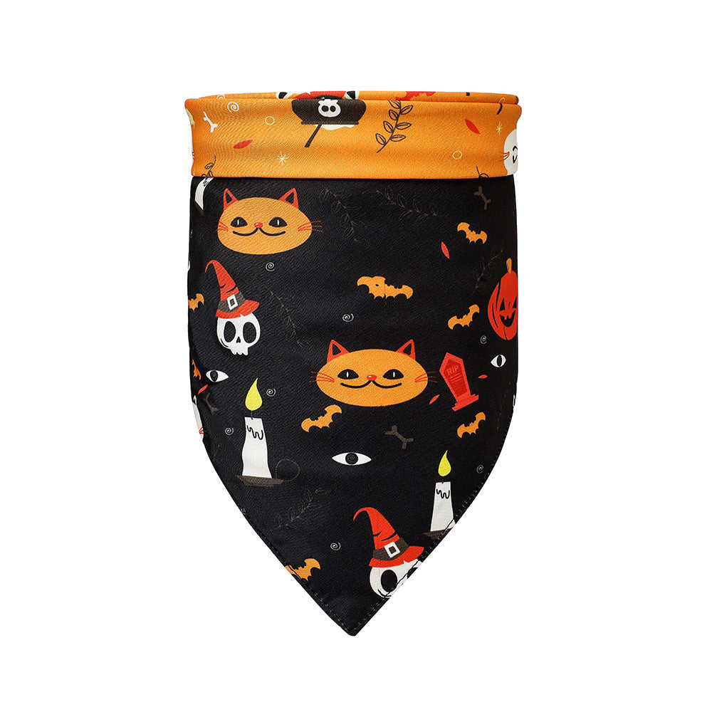 KFX-9287485 Halloween Dog Scarf with Cartoon Pumpkin and Bat Patterns - Triangular Polyester Bib