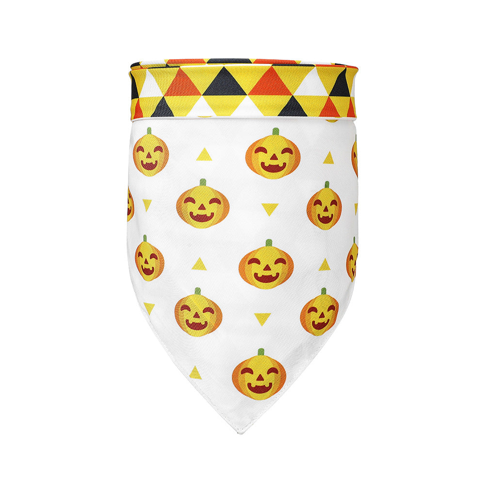KFX-9287485 Halloween Dog Scarf with Cartoon Pumpkin and Bat Patterns - Triangular Polyester Bib