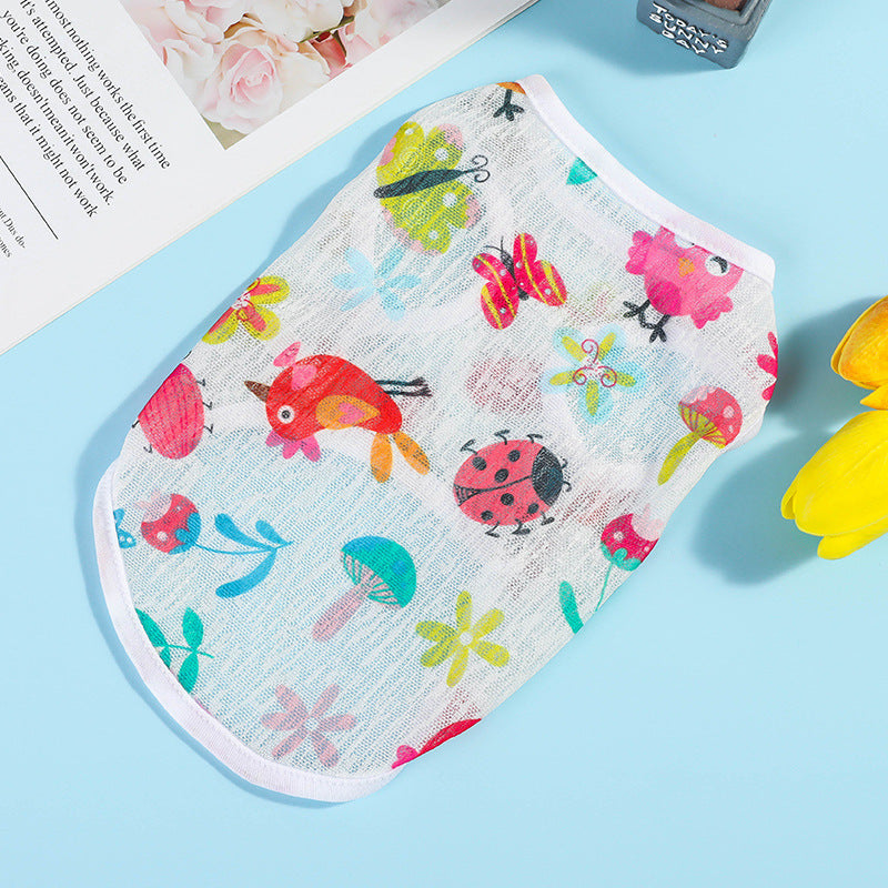 KFX-9290429 Lightweight Summer Dog Vest - Stylish Casual Wear in Strawberry, Watermelon, Bear, Rose, Car, Floret, and Bird Designs, Various Sizes Available