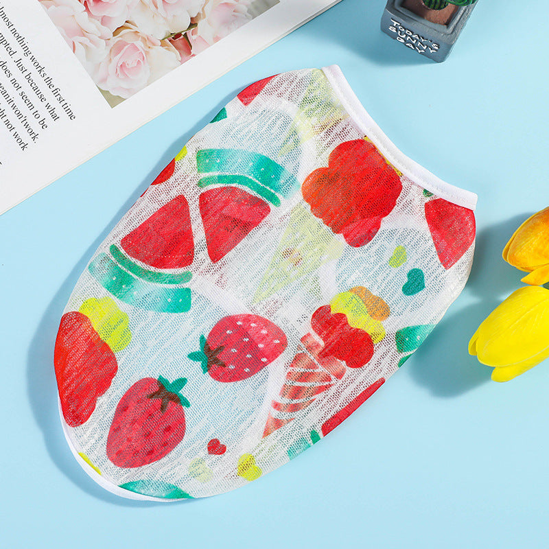KFX-9290429 Lightweight Summer Dog Vest - Stylish Casual Wear in Strawberry, Watermelon, Bear, Rose, Car, Floret, and Bird Designs, Various Sizes Available