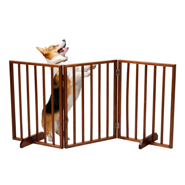 KFX-9302973 Brown Foldable 24-Inch Freestanding Wood Pet Fence for Indoor Use